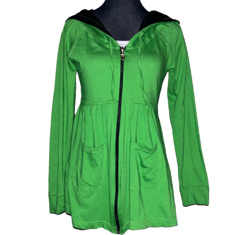 Club Soda zip up lighter weight jacket baby doll design fitted bodice flowy hem